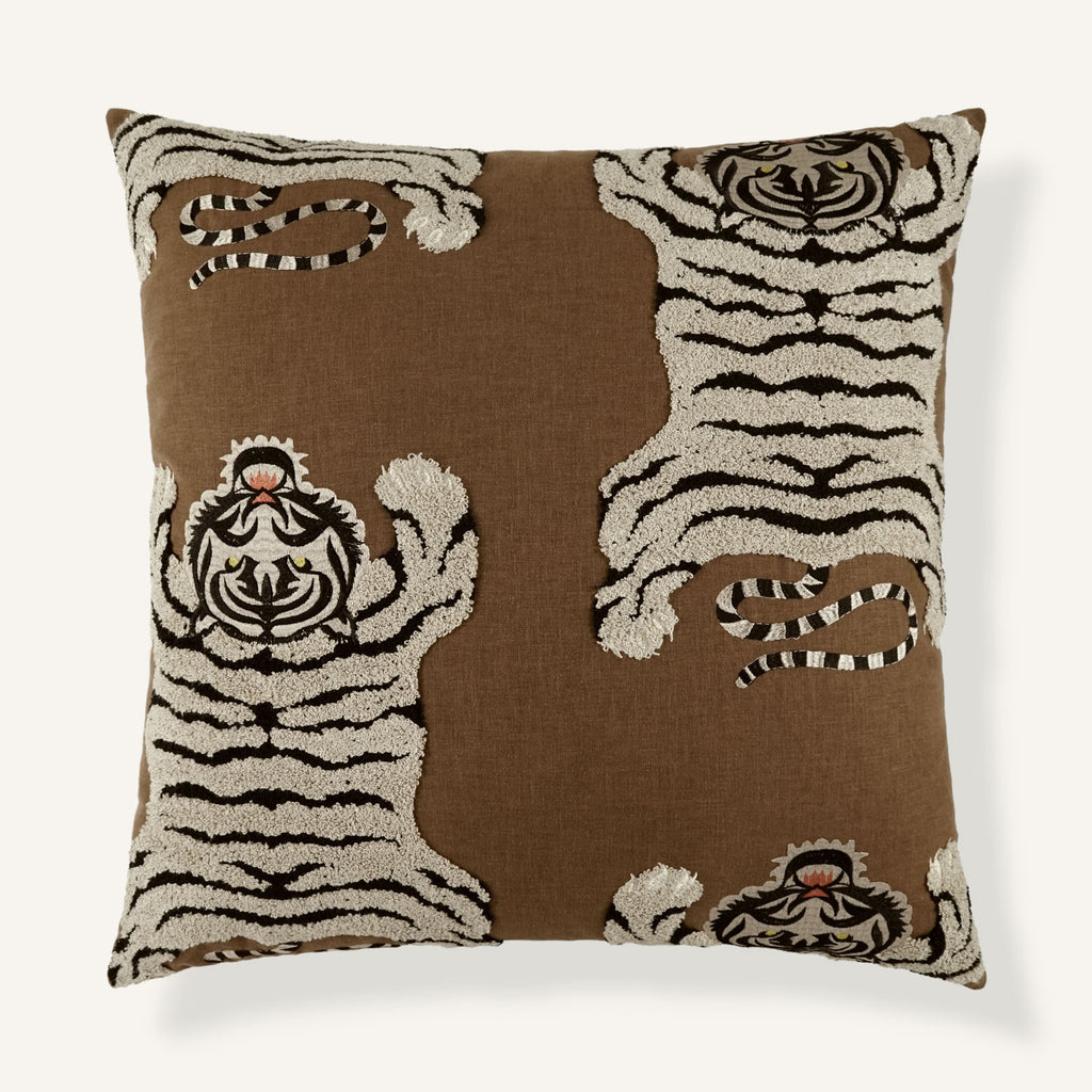 Embroidered Linen Brown Tiger Throw Pillow | Tigris / Mocha – Floof